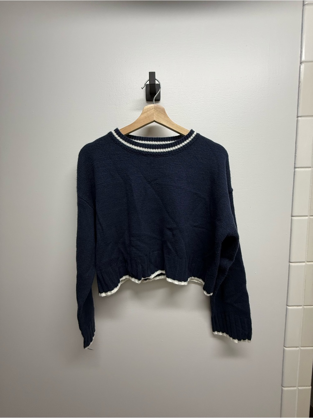 Navy Knit Sweater with Contrast Trim
